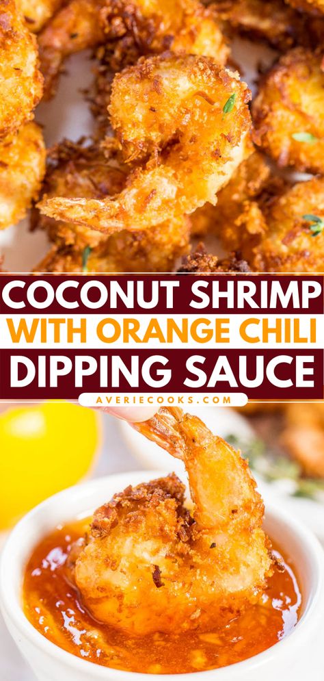 Coconut Shrimp with Orange-Chili Dipping Sauce - Averie Cooks Copycat Outback, Chili Dipping Sauce, Shrimp Dipping Sauce, Coconut Shrimp Recipes, Juicy Shrimp, Cooking Seafood, Shrimp Dishes, Shrimp Recipe, Coconut Shrimp