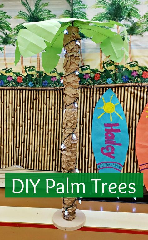 DIY Palm Trees - She Buys, He Builds Diy Palm Trees, Beach Party Food, Party Decorations Diy, Luau Decorations, Diy Beach Wedding, Luau Party Decorations, Tropical Party Decorations, Aloha Party, Hawaiian Party Decorations