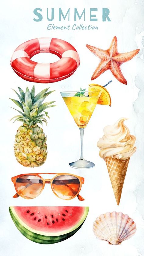 Summer Illustration Design, Pineapple Watercolor, Summer Watercolor, Beach Illustration, Summer Ice Cream, Summer Illustration, Holiday Clipart, Beach Watercolor, Sticker Ideas