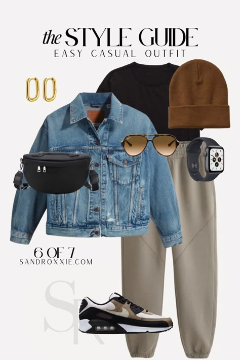 Casual outfit, jogger outfit, fall outfit, winter outfit, affordable outfit, achievable outfit Sneakers Fall Outfit, Denim Jacket Outfit Winter, Cropped Denim Jacket Outfit, Athleisure Outfits Fall, Slogan Clothing, Winter Jacket Outfits, Business Casual Outfit, Simple Casual Outfits, Jeans Outfit Fall