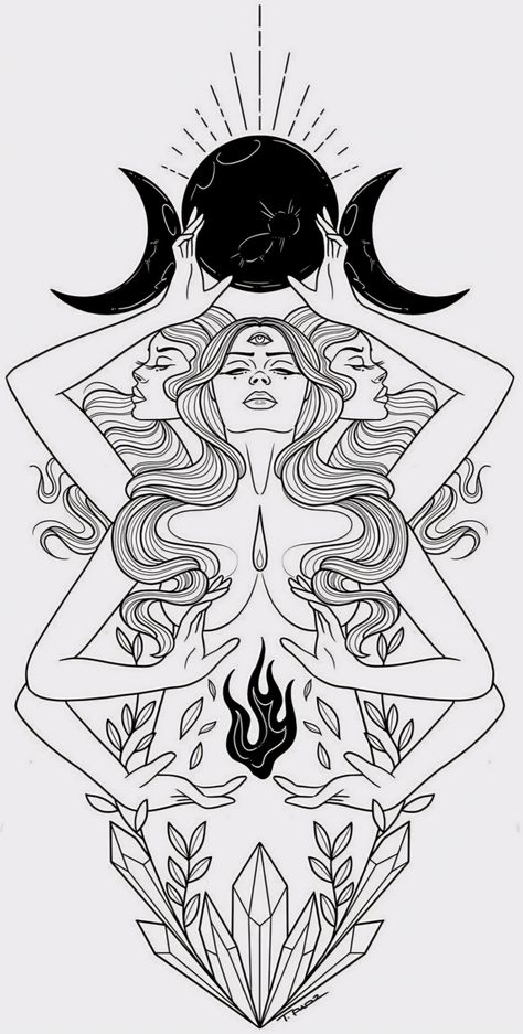 Hecate • Triple moon goddess • Mother of Witches • Mother Maiden & the crone Morrigan Goddess Tattoo, Mother Maiden Crone Tattoo, Maiden Mother Crone Tattoo, Crone Tattoo, Hekate Tattoo, High Priestess Tattoo, Hecate Tattoo, Morrigan Goddess, Moon Music