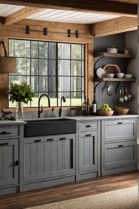 A cozy farmhousestyle kitchen with custombuilt wooden cabinets that mimic the look Distressed Grey Kitchen Cabinets, Grey Stain Cabinets Kitchen, Grey Wood Cabinets, Stained Wood Kitchen Cabinets, Gray Stained Cabinets, Charcoal Kitchen, Reclaimed Wood Cabinet, Wood Countertops Kitchen, Mountain Interiors