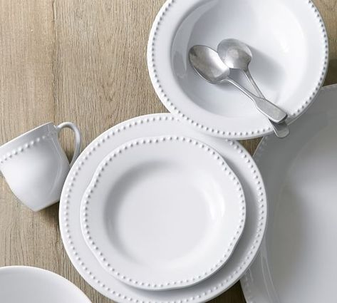 Emma Dinnerware 16 Piece Set with Soup Bowl - True White #potterybarn Farmhouse Kitchen Plates, Dinner Ware Set, Dinnerware Sets Unique, Tuscan Dining Room, Farmhouse Dishes, Dinner Sets Dinnerware, Farmhouse Dinnerware Sets, Informal Dining Room, Modern Ceramics Design