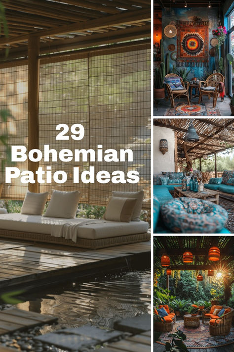 Looking to add some boho flair to your patio? Check out these 29 inspiring designs featuring earthy textures, comfy seating, and plenty of greenery. Perfect for lounging in style! Boho Cafe Ideas, Bohemian Patio Decorating Ideas, Bohemian Sunroom Ideas, Boho Chic Patio, Bohemian Patio Ideas, Bohemian Sunroom, Bohemian Outdoor Spaces, Outdoor Hangout, Patio Decorating Ideas Boho