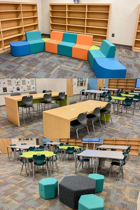 Riverdale Elementary Media Center is a comfortable learning space that can be quickly rearranged to meet various student needs. #MiEN #schooldesign #learningspaces #learningenvironments #teachers #students #classroom #makerspace #innovation #schoolfurniture #cafeteria #design #teacherengagement #library #mediacenter Classroom Makerspace, Stem Room, Design Classroom, Cafeteria Design, Space Projects, Learn Crafts, School Furniture, Studio Design, Learning Spaces