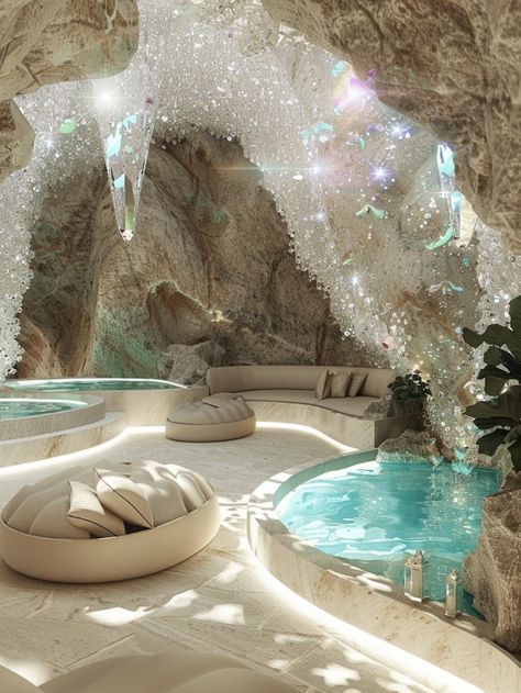 Crystals Interior Design, Crystal Cave Aesthetic, Aesthetic Cave, Cave Spa, Future Interior Design, Amazing Bedroom Designs, Architecture Aesthetic, Architecture Luxury, Mermaid Bedroom