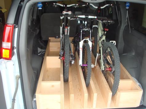 DIY or purchased item to transport bike(s) in van w/o removing front wheel?- Mtbr.com Bike Storage In Van, Rack Velo, Diy Bike Rack, Vw T3 Doka, Kangoo Camper, Van Storage, Support Velo, Camper Organization, Ford Transit Connect