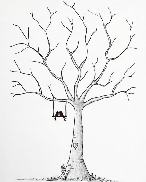 Birds On Tree Drawing, Autumn Tree Drawing, Tree Drawings Pencil, Tree Sketches, Black Tree, Easy Drawings Sketches, Tree Drawing, Pencil Art Drawings, Tree Wedding