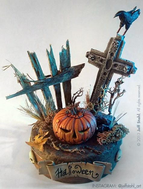 halloween_miniature_diorama_by_jeff_stahl Halloween Fairy Garden, Halloween Diorama, Crea Fimo, Polymer Clay Halloween, Miniature Diorama, Casa Halloween, Halloween Clay, Halloween Fairy, Halloween Miniatures