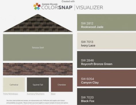 Green Siding With Brown Roof, Moldings And Trim Colors, Exterior Color Palettes For Houses With Brown Roof, Green House Exterior Brown Roof, Brown Roof House Colors, Home Exterior Colors Schemes, Green House Exterior, Green Siding, Outside House Colors