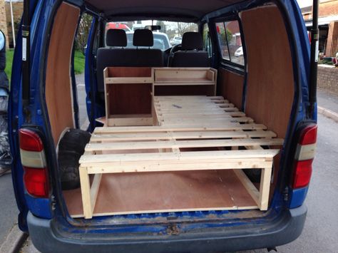 thegreatvanescape - Bed Build - Frame all built, now just needs a comfy mattress Kangoo Camper, Kombi Motorhome, Camper Beds, Minivan Camping, Bus Interior, Kombi Home, Caravan Interior, Campervan Life, Build A Camper Van