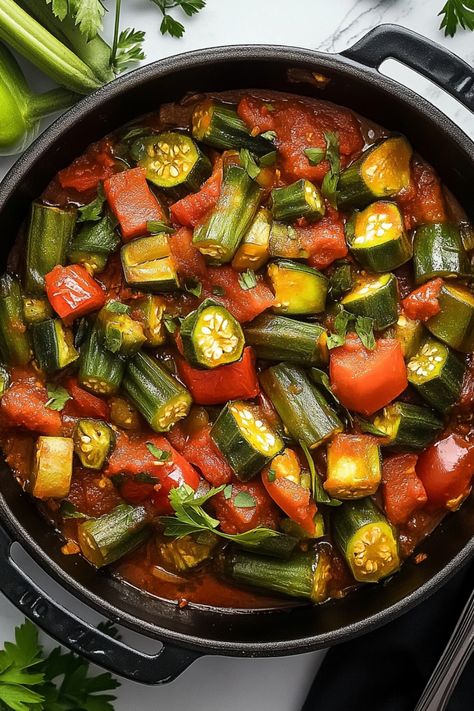 Indulge in a flavorful and nutritious dish with this delicious okra and tomatoes casserole recipe. Packed with the goodness of fresh okra, juicy tomatoes, and aromatic herbs, this dish is a sure crowd-pleaser. Whether you're hosting a dinner party or looking for a comforting weeknight meal, this casserole is the perfect choice. The combination of tender okra and tangy tomatoes creates a harmonious blend of flavors that will tantalize your taste buds. Tomatoes In Crockpot, Fresh Okra, Okra And Tomatoes, Okra Recipes, Vidalia Onions, Hosting A Dinner Party, Juicy Tomatoes, Tomato Juice, Saute Onions