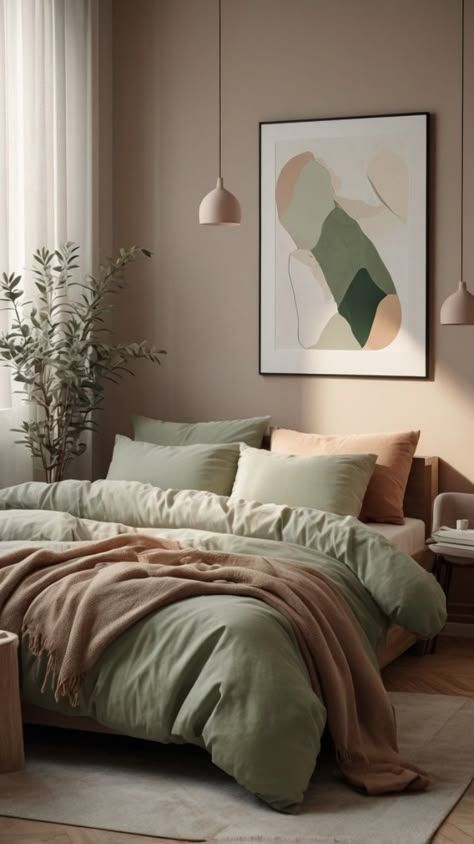 Cool Bedroom Colors, Beige And Green Bedroom Ideas, Monochromatic Green Bedroom, Bedroom Wall Colors Modern, Earth Tone Bedroom Colors, Bed Color Combinations, Pistachio Bedroom, Beige Green Bedroom, Modern Bedroom Neutral