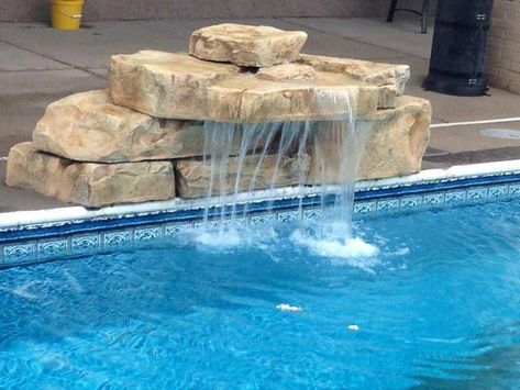 Small Rock Waterfall Pool, Dive Rocks For Pools, Pool Water Fall Ideas, Diy Pool Fountain Waterfalls, Small Pool Waterfall, Pool Jumping Rock, Jumping Rocks For Pool, Diy Pool Fountain, Pool Fountain Ideas