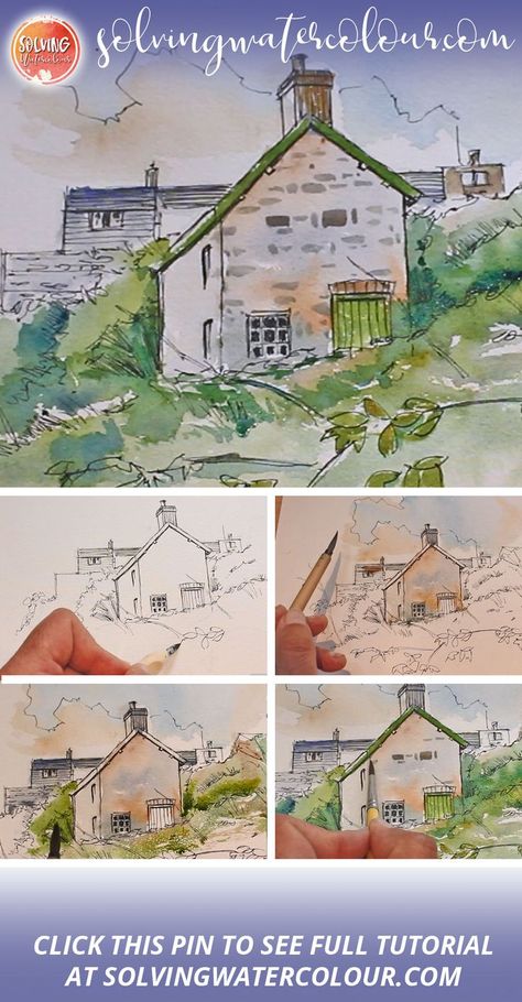 step by step ink and watercolor tutorial Cottage Art Painting, Old Stone Cottage, Line And Wash Watercolor, Line And Wash, Ink Drawing Techniques, Easter Paintings, Nautical Painting, Pen And Wash, Step By Step Watercolor