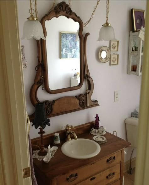 Antique Mirror Vanity Bathroom, Tiny Victorian Bathroom, Wash Table Antique, Antique Vanity Sink, Dresser To Sink Vanity, Antique Dresser Vanity Bathroom, Vintage Sinks Bathroom, Dresser Sink Vanity, Dresser Sink