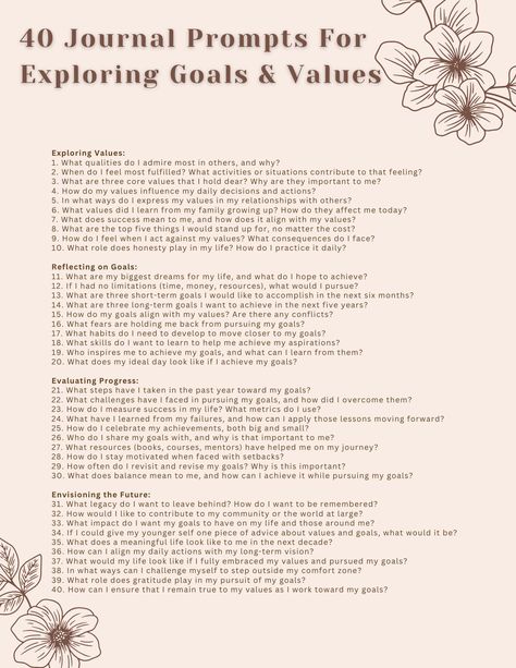 This worksheet offers guided journal prompts that can be used as a starting point for deeper reflection on your values and goals. Set aside time to write without judgment, allowing your thoughts and feelings to flow freely. Revisiting these prompts periodically can also help you track your growth and evolution over time. Journal Prompts For Setting Goals, Core Values Journal Prompts, Values Journal Prompts, Goal Setting Prompts, Self Improvement Journal Prompts, What To Write In A Journal, Smart Goal Setting Worksheet, Therapy Journaling Prompts, Journal Prompts For Beginners