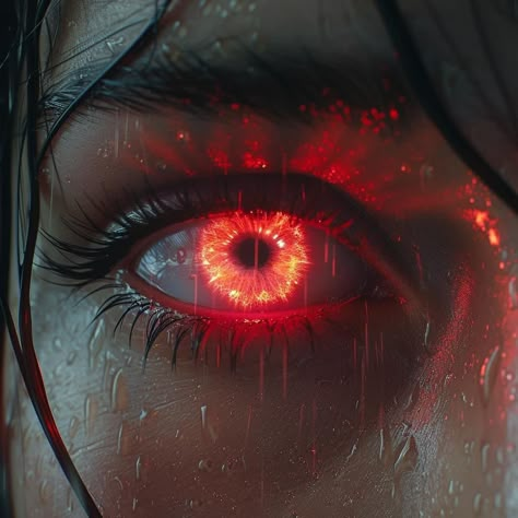 Glowing Gold Eyes, Red Eyes Female, Glowing Red Eyes Aesthetic, Orange Glowing Eyes, Glowing Eyes Aesthetic, Glowing Red Eyes, Blood Mage Aesthetic, Red Glowing Eyes, Black Hair Red Eyes