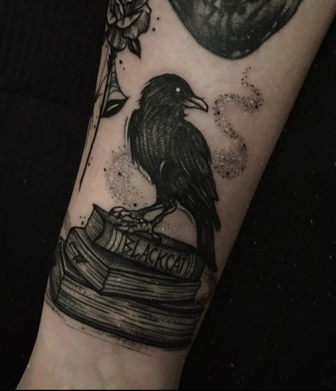 Crow On Books Tattoo, Silly Crow Tattoo, Raven Tattoo Edgar Allan Poe, Raven Book Tattoo, Crow Tattoos For Women, Dark Academia Tattoo, Books Tattoo, Hippie Tattoo, Flash Ideas