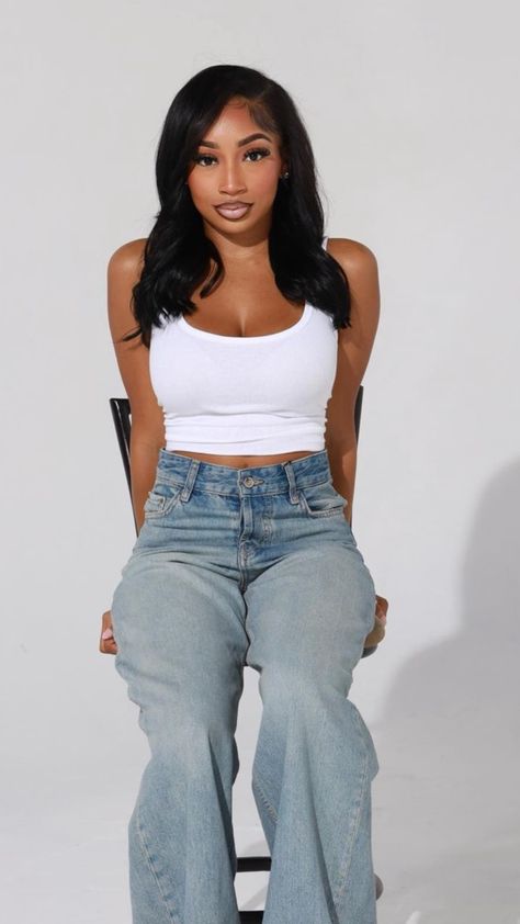 Photoshoot With Jeans And White Shirt, White Tee And Jeans Photoshoot, Denim Photoshoot Black Women, White Shirt And Jeans Outfit Photoshoot, Denim Outfit Photoshoot, White Tank Top Blue Jeans, Jeans Photoshoot Ideas, Random Photoshoot, Jeans Photoshoot