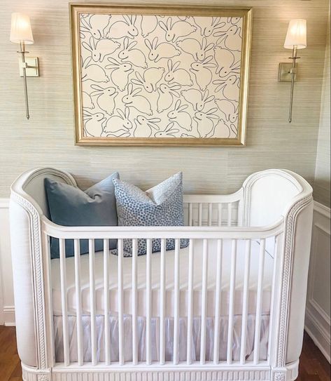 Vaulted Ceiling Nursery, Baby Girl Nursery Grand Millenial, Framed Wallpaper Nursery, Classy Nursery Ideas, Blue Western Nursery, Wainscoting In Nursery, White Nursery Ideas, Chinoiserie Nursery, Southern Nursery