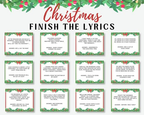 Christmas Carol Finish The Lyrics Game! Fun Christmas party game for groups, holiday classroom activity, or Christmas family game night. Guess the lyrics of Christmas songs with this fun Christmas song trivia game! ⭐ Includes: - Christmas Carol Finish The Lyrics Game - 30 lyric cards - 8 page PDF format 💭 How to Use: 1. Instant download after purchasing 2. Print files out at home or professionally print 3. Have fun! ✨ Get the whole bundle! ✨ https://etsy.me/45xZTAO 💬 Where's my file? Within minutes of your order and payment, an e-mail will be sent to the address you have associated with your Etsy account with a link for your download.   You can also find the link through Etsy: 1. Go to 'You' 2. Select 'Purchases and reviews' 3. Click on the 'Download Files' button (only visible on a desk Christmas Finish The Lyrics Game Free, Christmas Song Games Free Printable, Finish The Lyrics Game, Song Games, Christmas Song Games, Christmas Song Trivia, Christmas Party Games For Groups, Christmas Pictionary, Holiday Classroom Activities