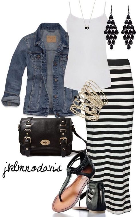 Striped maxi skirt, white tank, denim jacket, black sandals, black handbag | Cute Outfit add a pop of color and you're set Skirt Outfit, Maxi Skirt, A Woman, Denim Jacket, Black And White, Skirt, Heels, White, Black