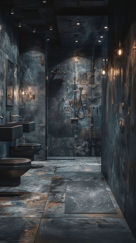 Black Wet Room, Dark Gray Bathroom Ideas, Dark Small Bathroom Ideas, Masculine Bathroom Ideas, Bathroom Inspo Interior Design, Bathroom Design Layout, Rustic Bathroom Designs, Dark Home Decor, Dark Home