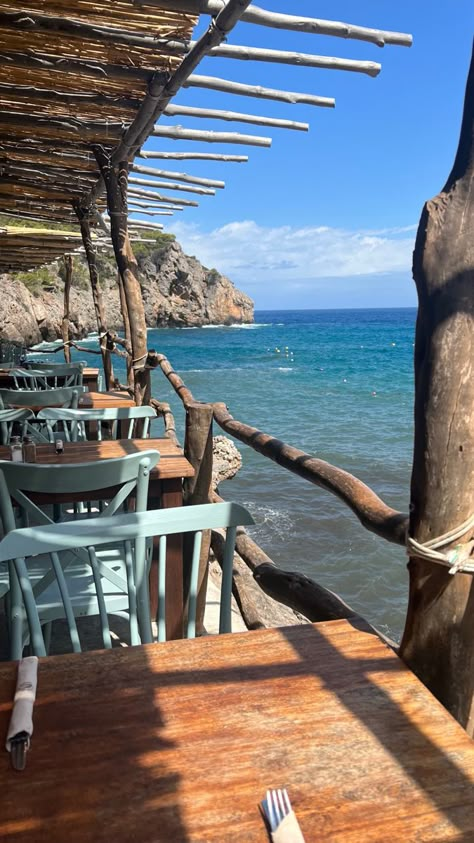 Beautiful oceanside restaurant in Mallorca, Spain #travel #restaurant #mallorca #palma #deia #spain #beach #ocean #summer Spain Mallorca, Spain Holiday, Summer Restaurant, Palma Mallorca Spain, Beach Spain, Travel Spain, Palma Spain, Majorca Spain, Spain Majorca