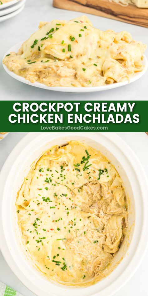 Crockpot Creamy Chicken Enchiladas pin collage Crockpot Treats, Chicken Enchilada Sauce, Crockpot Creamy Chicken, Creamy Chicken Enchiladas Recipe, Crockpot Chicken Enchiladas, Creamy Crockpot Chicken, Cream Cheese Chicken Enchiladas, Sour Cream Enchiladas, Chicken Enchiladas Recipe