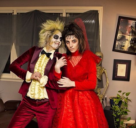 Beetlejuice and Lydia! #beetlejuice #lydia #halloween #costume #timburton Beetlejuice Costume Couples, Beetlejuice Costume Diy Men, Couple Halloween Costumes Beetlejuice, Throw Back Halloween Costumes, Beetlejuice Red Suit, Beetle Juice Wedding Costume, Wynona Ryder Beetlejuice, Beatle Juice Couple Costumes, Nettle Juice And Lydia Costume