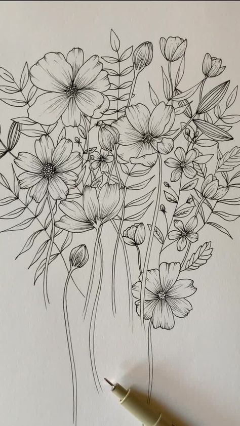 Dot Drawings, Lilah Parsons, Bundle Of Flowers, Floral Illustration Art, Black Sketchbook, Wall Drawings, Botanical Sketchbook, Small Sketchbook, Dotted Drawings