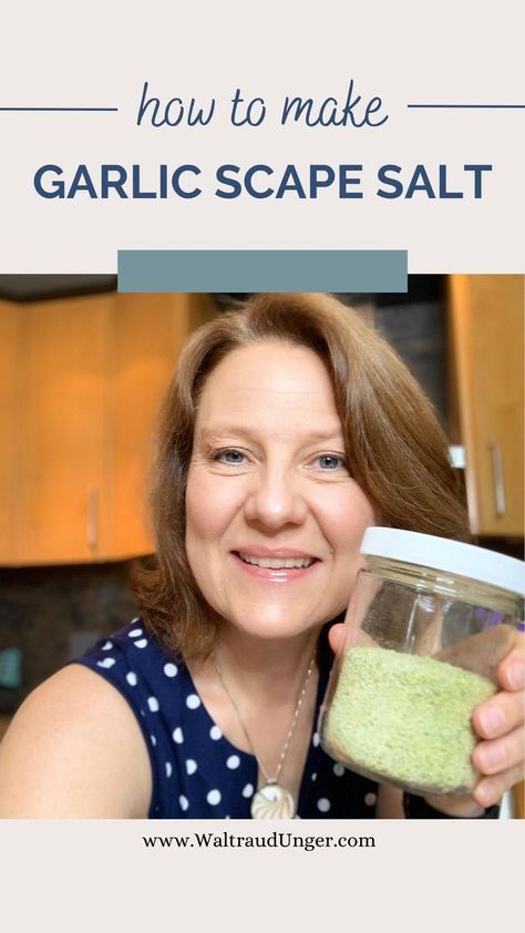 Woman holding a jar of garlic scape salt Garlic Scape Salt Recipe, What Can You Do With Garlic Scapes, Garlic Scape Salt, Herb Salt Recipe, Seasoning Salt Recipe, Garlic Shoots, Flavored Salt, Herb Salt, Garlic Scape Pesto