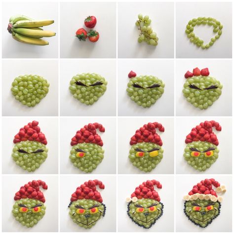 The Grinch!!! Made with fruits. Grinch Themed Snacks Food Ideas, Grinch Fruit Platter, Grinch Vegetable Tray, Grinch Snack Board, Grinch Veggie Platter, Grinch Kebobs, Grinch Themed Appetizers, The Grinch Snacks, Grinch Veggie Tray