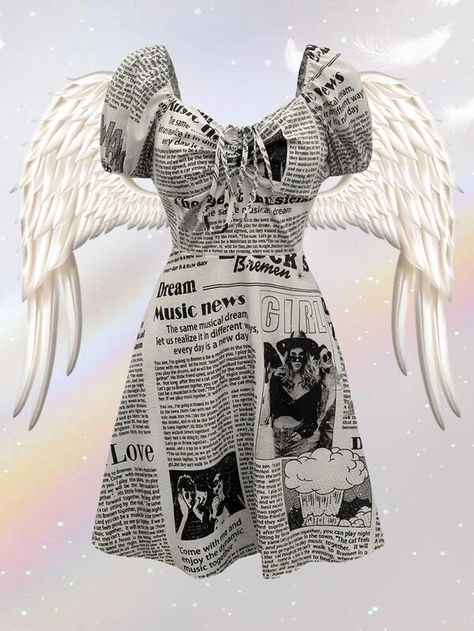 SHEIN Newspaper Print Drawstring Ruched Puff Sleeve Dress | SHEIN USA Newspaper Clothes, Newspaper Outfit, Newspaper Print Dress, Newspaper Dress, Fashion Illustration Poses, Taylor Swift Tour Outfits, Dress Design Drawing, Newspaper Print, Newspaper Printing