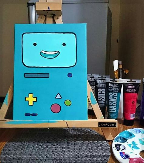 Bmo Painting Canvas, Bmo Adventure Time Painting, Adventure Time Canvas Painting, Bmo Painting, Cartoon Network Paintings, Adventure Time Painting, Canvas Painting Patterns, Cute Easy Paintings, Color Drawing Art