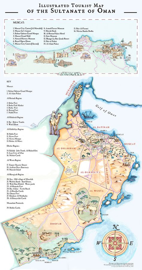 Oman - Illustrated Maps Oman Map, Muscat City, Illustrated Maps, Oman Travel, Sultanate Of Oman, City Skylines, Tourist Map, Line Drawings, Salalah