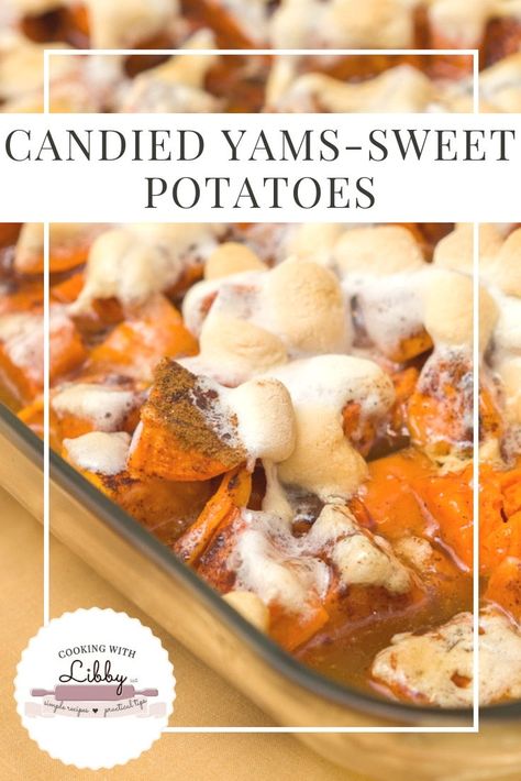 Looking for an easy recipe for a Thanksgiving side dish? Then try our family’s easy recipe for Candied Yams-Sweet Potatoes! With marshmallows as it’s topping and other sweetened fall ingredients , this dish will make you the most popular hostess during the holidays! #easyrecipe #Thanksgivingfood #Thanksgivingrecipes #sweetpotatoes #candiedyams #candiedsweetpotatoes #yams #marshmallows Homemade Yams With Marshmallows, Candied Sweet Potato Recipes, Candied Yams With Marshmallows, Candied Yams Recipe, Sweet Potatoes With Marshmallows, Best Sweet Potato Casserole, Sweet Potato Thanksgiving, Potato Candy, Candied Yams