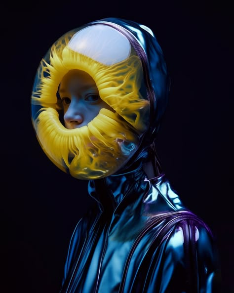 human in blue purple chronic suit with a helmet that looks like a yellow iris, eyes and nose are looking through the lense, black background, futuristic, futuristic fashion Nuts N Bolts, Speculative Design, Futuristic Aesthetic, Conceptual Fashion, Futuristic Art, Futuristic Fashion, Cyberpunk Art, Futuristic Design, Future Fashion