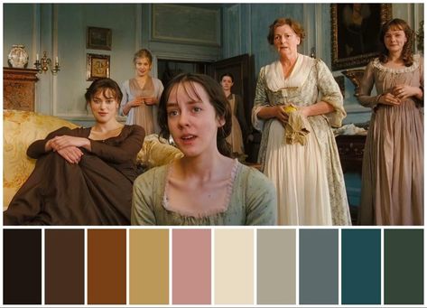 Movie Color Schemes, Jane Austen Color Palette, Pride And Prejudice Color Palette, Lara Core, Cinema Palettes, Emma Movie, Colorful Movie, Joe Wright, Movie Color Palette