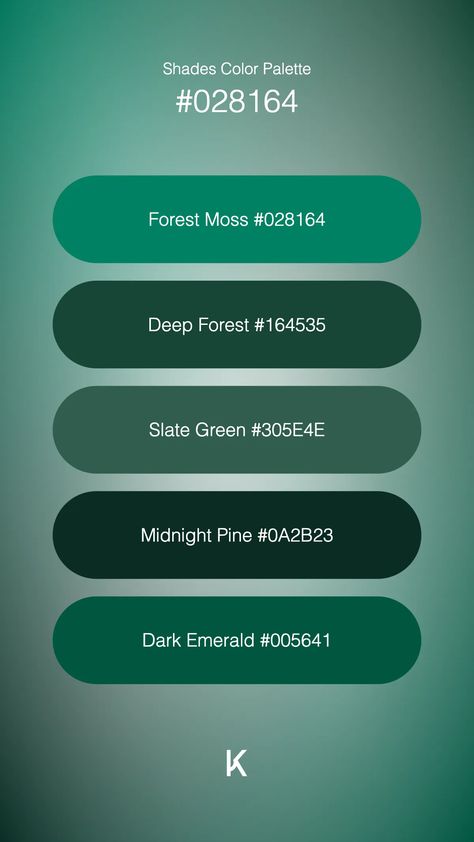 Shades Color Palette Forest Moss #028164 · Deep Forest #164535 · Slate Green #305E4E · Midnight Pine #0A2B23 · Dark Emerald #005641 Color Palette Forest, Slate Green, Forest Moss, Hex Color Palette, Hex Colors, Deep Forest, Unique Colors, Color Palettes, Color Palette