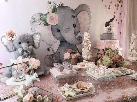 Baby E Baby SHower | CatchMyParty.com Baby Elephant Baby Shower Ideas For Girl, Elephant Theme Baby Shower Girl, Baby Elephant Baby Shower Ideas, Pink Elephant Baby Shower Theme, Elephant Baby Shower Theme Girl, Elephant Baby Shower Decorations, Elephant Baby Shower Theme, Elephant Shower, Baby Elefant