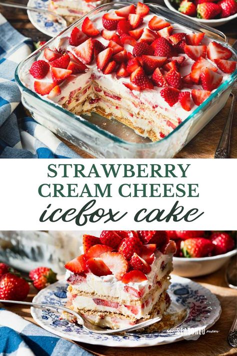 Light, refreshing, and full of cool, creamy, fresh berry flavor, this strawberry cream cheese icebox cake is the perfect easy, no-bake dessert. With layers of graham crackers, pudding, cream cheese, Cool Whip, and sliced strawberries, there’s no cooking necessary — just assemble and chill! Key Lime Icebox Cake, Strawberry Cream Cheese Icebox Cake, Cream Cheese Icebox Cake, Graham Cracker Dessert, Cracker Dessert, Strawberry Icebox Cake, Icebox Desserts, Icebox Cake Recipes, Sliced Strawberries