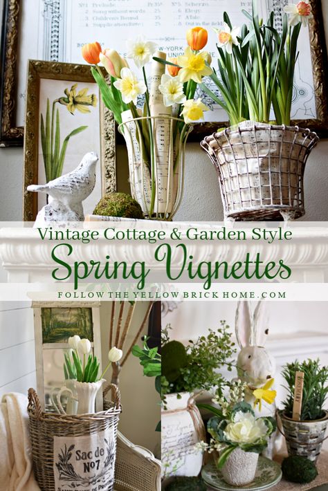 Vintage Cottage Style and Garden Style Spring Vignettes Spring Home Design, Traditional Spring Decor, Spring Vignettes Display Ideas, Summer Vignettes, Spring Home Decor 2023, Spring Vignettes, Cottage Core Spring Decor, Spring Decorating, Spring Antique Booth Ideas