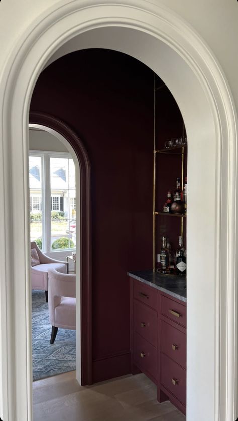 Burgundy Hallway Ideas, Burgundy Board And Batten Wall, Burgundy Laundry Room, Burgundy Office, Burgundy Kitchen, Maroon Walls, Red Interior Design, Burgundy Walls, Kitchen Remodel Design