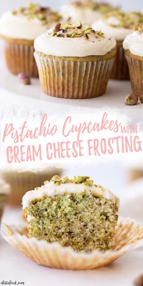 The best homemade pistachio cupcakes are topped with honey cream cheese frosting, and they are made completely from scratch (no pistachio pudding cupcakes here!). Whole pistachios are finely ground and added to the vanilla cake batter to make a light and fluffy cupcake with pistachios. Almond extract and honey complete these pistachio cupcakes to make the ultimate spring dessert. Honey Pistachio Cupcakes, Light Cupcake Flavors, Pistachio Cake From Scratch, Dessert With Pistachio, Pistachio Cupcake Recipe, Pistachio Cakes, Honey Cream Cheese, Honey Pistachio, Pistachio Cupcakes