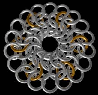 Step 4 of "Expanding Circle" tutorial - looks like it'd make a nifty pendant even just at this stage... Armor Making, Chainmaille Patterns, Scale Maille, Chainmaille Jewelry Patterns, Chain Maille Patterns, Riveted Ring, Chainmail Patterns, Chainmaille Tutorial, Jump Ring Jewelry