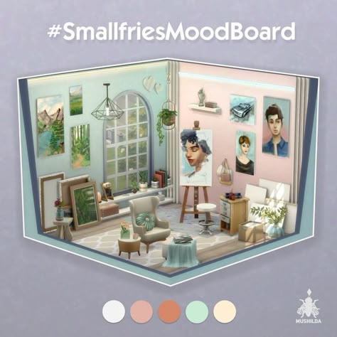 Sims 4 Art Gallery Ideas, Sims 4 Art Room Ideas, Sims 4 Room Challenge, Bedroom Aesthetic Artist, Sims Studio House, Sims 4 Shed Ideas, Sims 4 Artist Room, Sims 4 Bedroom Ideas No Cc Base Game, Sims 4 Room Ideas No Cc Base Game