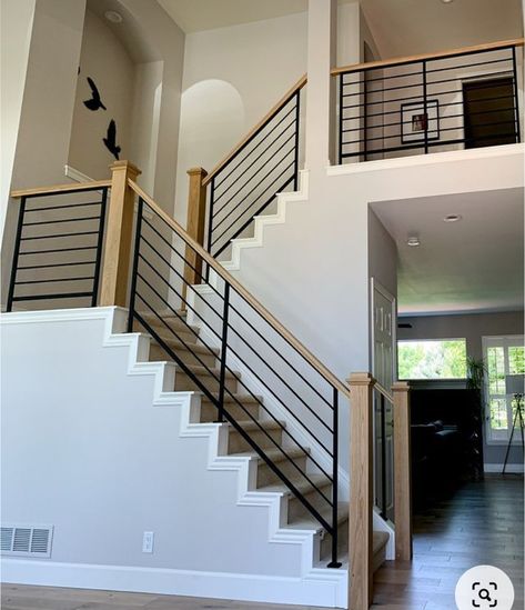 Industrial Staircase Railing, Railing For Indoor Stairs, Stair Rail Update, Stair Railing Ideas Half Walls Open Staircase, Modern Newel Posts For Stairs, Easy Railing For Stairs, Installing Stair Railing, Black And Wood Stair Railing, Hand Rail For Stairs Indoor