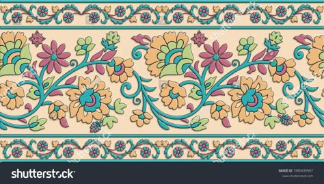 Seamless Colorful Floral Textile Pattern Tile Stock Illustration 1989439907 | Shutterstock Mughal Flower Pattern, Digital Border, Design Pattern Art, Floral Textile, Pattern Tile, Building Illustration, Border Rugs, Borders Design, Print Design Pattern